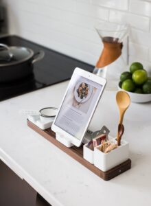 IPad with recipe on it, sitting on kitchen counter