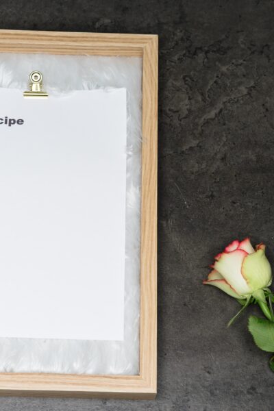 recipe list with pink roses in background