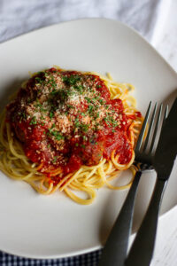 Plate of spaghetti and meatballs