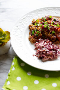 Plate of Jambalaya with slaw and green dot towel