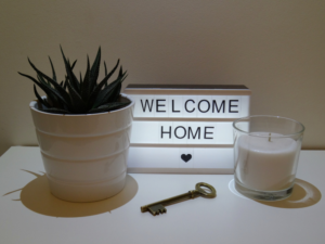 Small welcome home sign with key and succulent plant