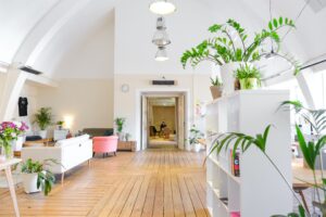 view of hallway of office space with lots of white furniture and green plants