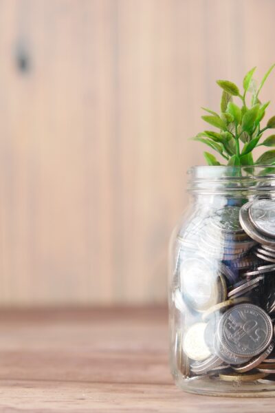 jar of coins with plant growing out top