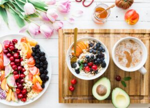 fruit and breakfast dishes on counter