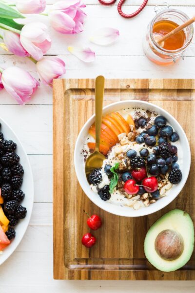fruit and breakfast dishes on counter