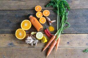 Fruits and vegetables healthy on a wood table