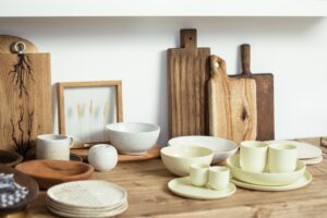 dishes and cutting board on kitchen counter