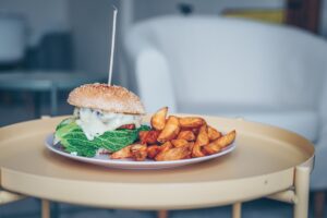 Hamburger and fries on a plate
