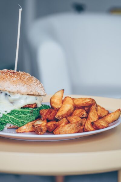 Hamburger and fries on a plate
