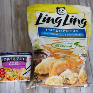 ingredients for fried rice and frozen poststickers on the table