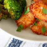 Close up plate of air fryer frozen coconut shrimp, broccoli, and white rice.
