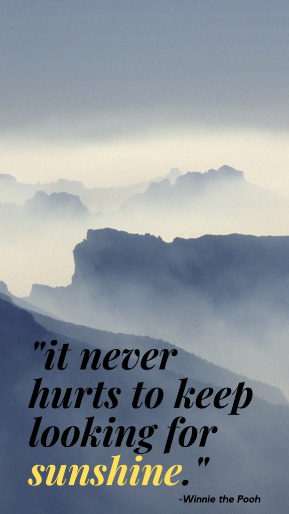 Quote- gray background "it never hurts to keep looking for sunshine