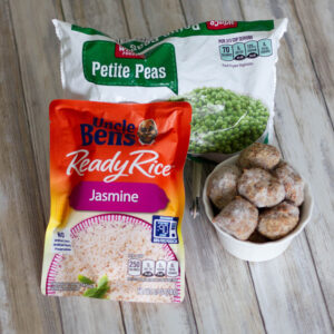 ingredients for air fryer meatballs, rice and peas
