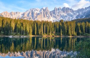 reflection of trees and mountains on a lake