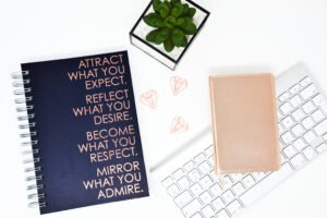 flatlay desk with keyboard and journal